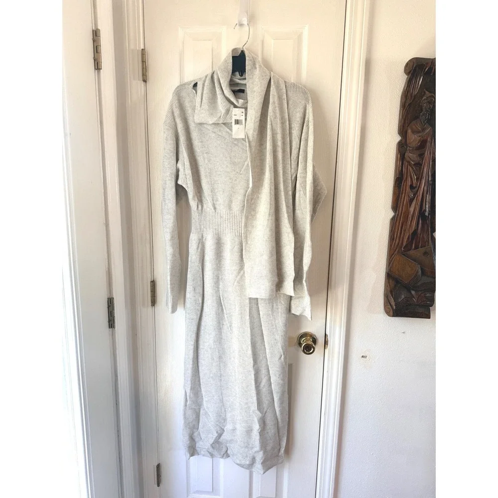 TOCCIN Liliana Sweater Dress Soft Gray Wool Cashmere Scarf Neck Midi Dress L - Picture 6 of 10